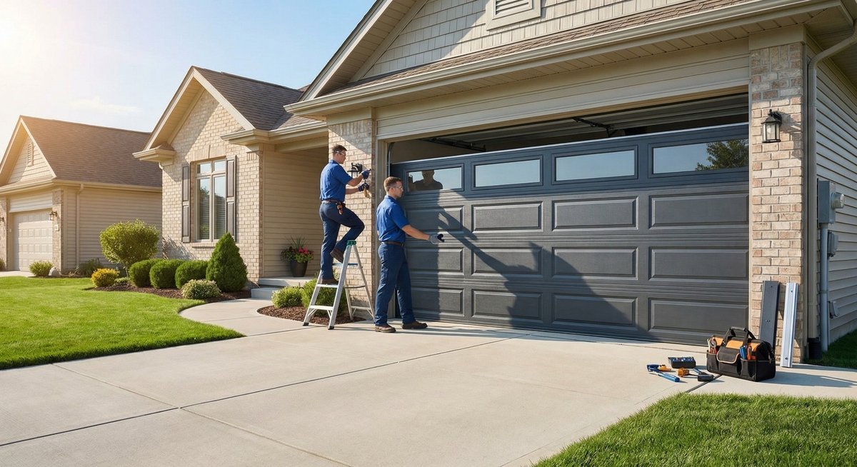 Two people beside a dark sectional garage door and ladder