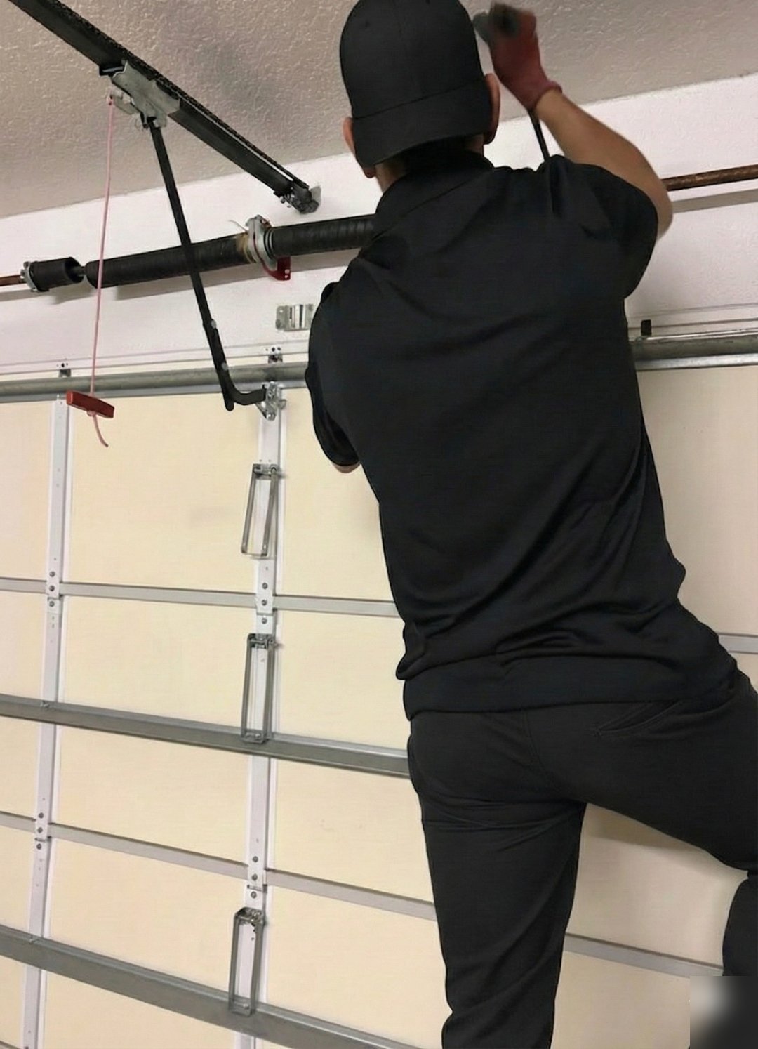 Close view of a person reaching toward overhead door hardware